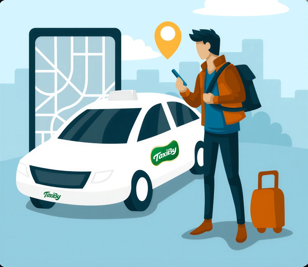 Rider standing near taxi